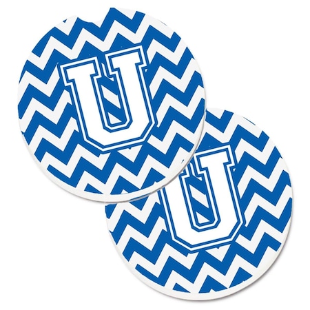 Carolines Treasures Letter U Chevron Blue and White Set of 2 Cup Holder Car Coaster CJ1045-UCARC